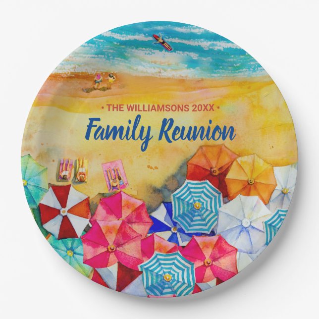 Family Reunion Beach Umbrellas on the Sand Paper Plate (Front)