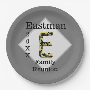 Family Reunion Black and Gold Letter E Monogram Paper Plate