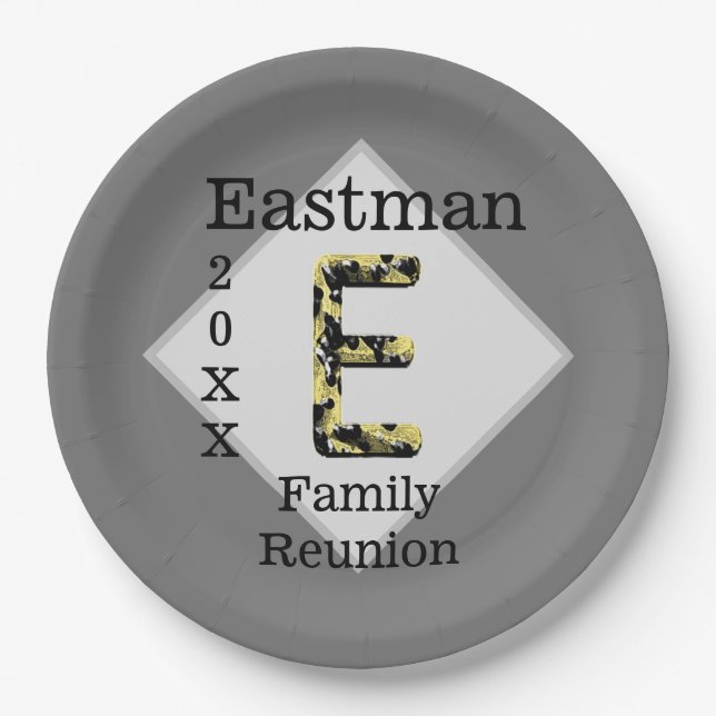 Family Reunion Black and Gold Letter E Monogram Paper Plate (Front)