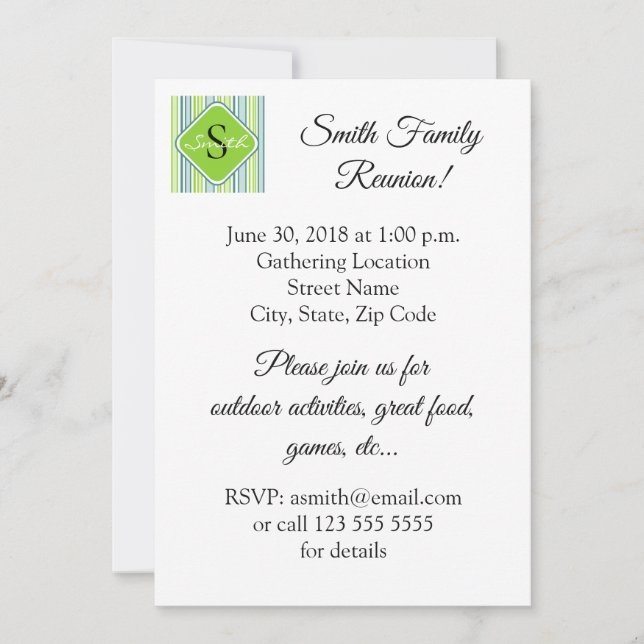 Family Reunion Blue and Green Stripes Invitation (Front)