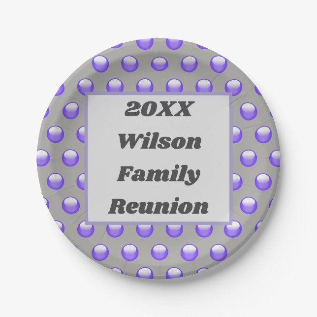 Family Reunion Blue Grey Modern Polka Dot Paper Plate (Front)