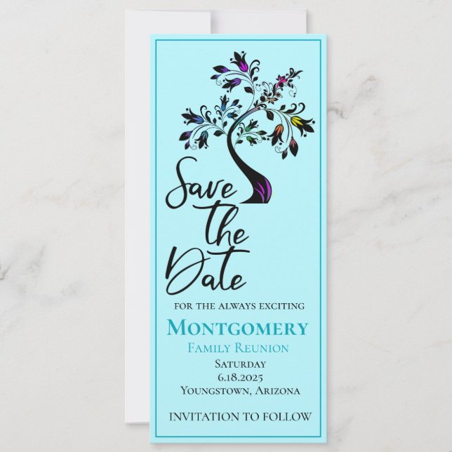 Family Reunion Blue Modern Floral Tree Save The Date (Front)