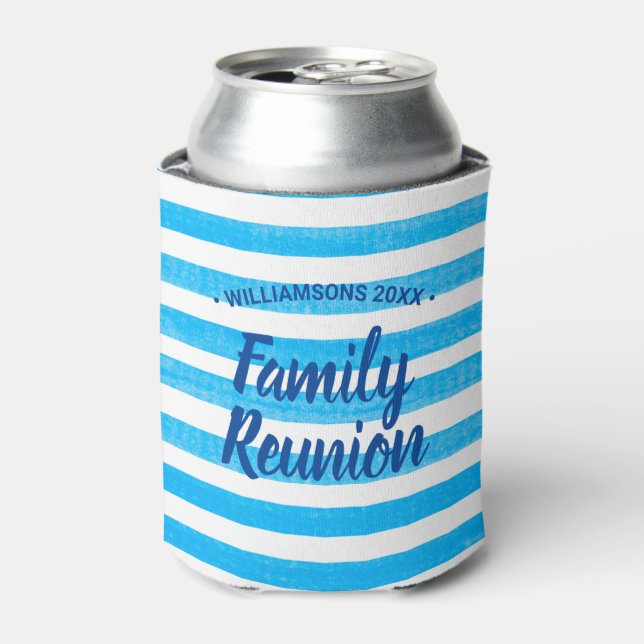 Family Reunion Blue White Stripes Can Cooler (Can Front)