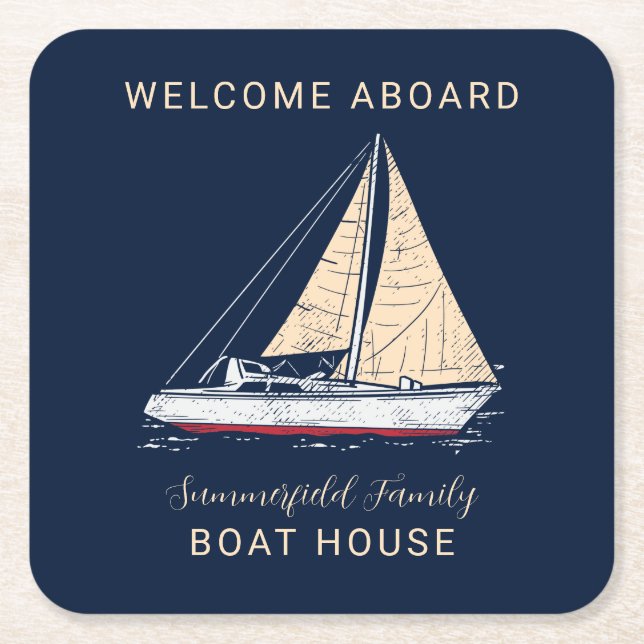 Family Reunion Boat House Nautical Sailing Custom Square Paper Coaster (Front)