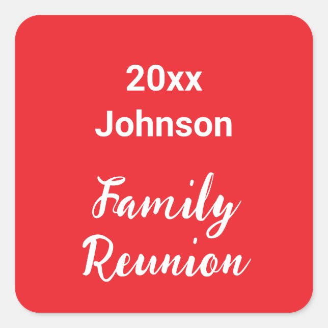 Family Reunion Bright Red and White Year Name Square Sticker (Front)
