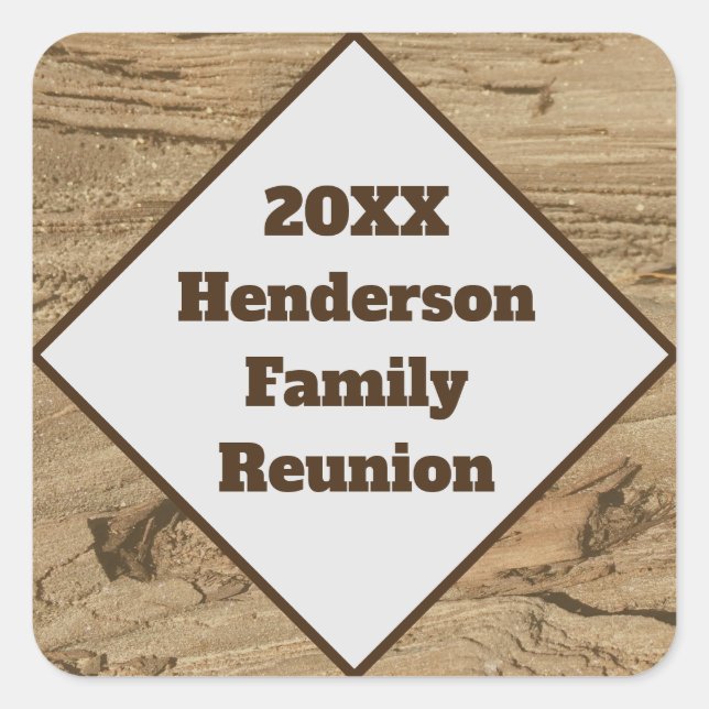 Family Reunion Brown Wood Grain Year and Last Name Square Sticker (Front)