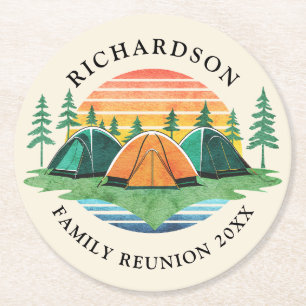 Family Reunion Camping Trip Vintage Sunset Round Paper Coaster