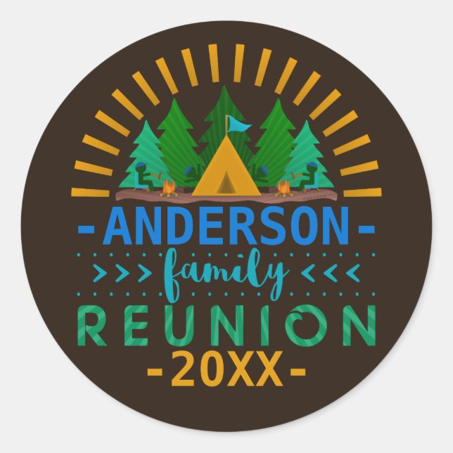 Family Reunion Camping Trip Woods | Custom Name Classic Round Sticker (Front)