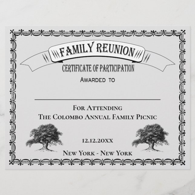 Family Reunion Certificate of Participation Grey (Front)