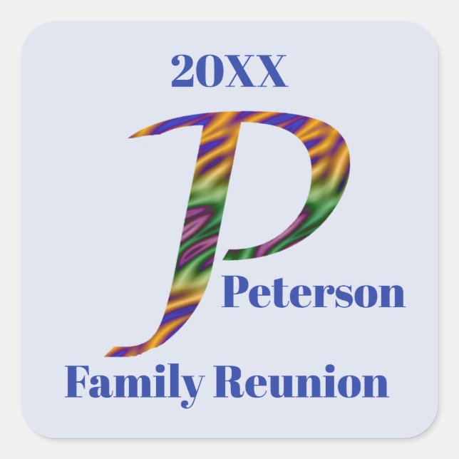 Family Reunion Colourful Letter P Monogram Initial Square Sticker (Front)