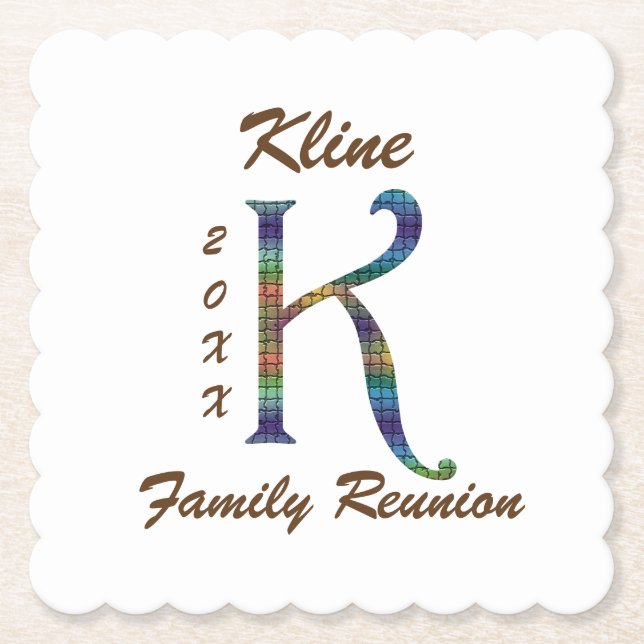 Family Reunion Colourful Mosaic Letter K Monogram Paper Coaster (Front)