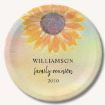 Family Reunion Colourful Paper Plate<br><div class="desc">This family reunion paper plate is decorated with a yellow sunflower on a watercolor background.
Easily customisable. 
Use the Customise Further option to change the text size,  style,  or colour.
Because we create our artwork you won't find this exact image from other designers. 
Original Watercolor © Michele Davies.</div>
