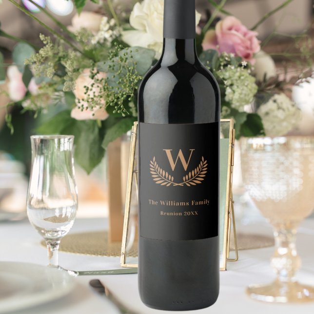 Family reunion custom monogram black gold wine label (Creator Uploaded)