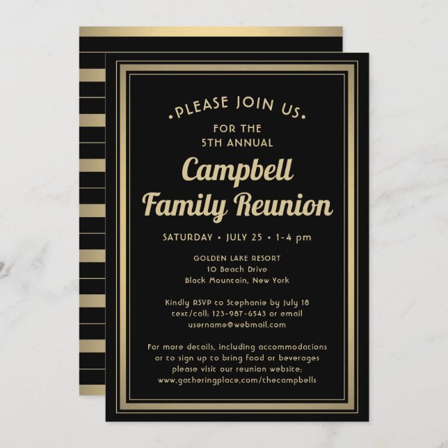 Family Reunion Elegant Black and Gold Bordered Invitation (Front/Back)
