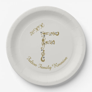 Family Reunion Elegant Gold Letter F Monogram Paper Plate