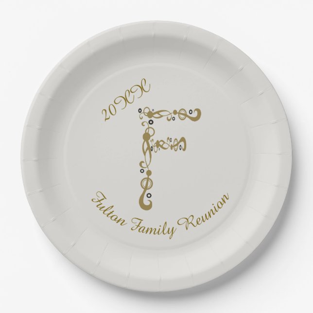 Family Reunion Elegant Gold Letter F Monogram Paper Plate (Front)