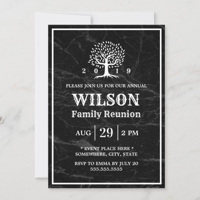 Family Reunion Family Tree Modern Dark Marble Invitation (Front)