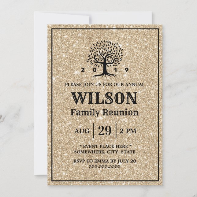 Family Reunion Family Tree Modern Gold Glitter Invitation (Front)