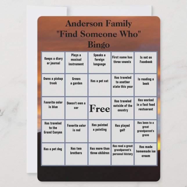 Family Reunion Find Someone Who Bingo Sunset  (Front)