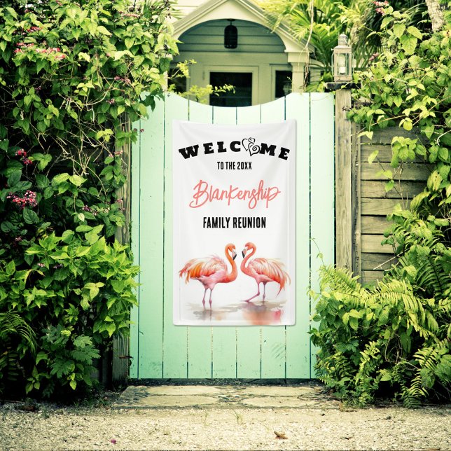 Family Reunion Flamingo Hearts Custom  Banner (Welcome family with a fun vertical format reunion banner featuring two colorful flamingos.
)