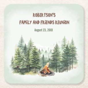 Family Reunion Forest Campfire Green Square Paper Coaster