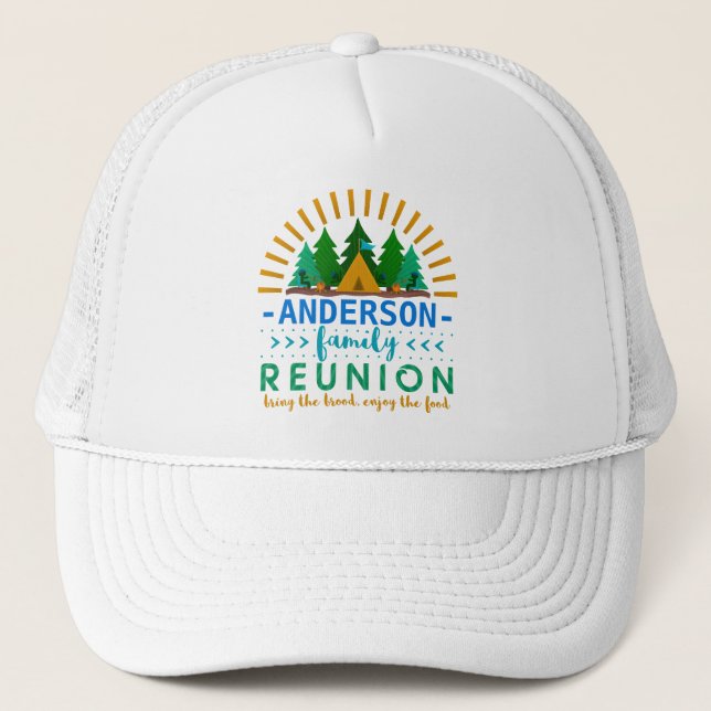 Family Reunion Funny Camping Trip | Custom Name Trucker Hat (Front)