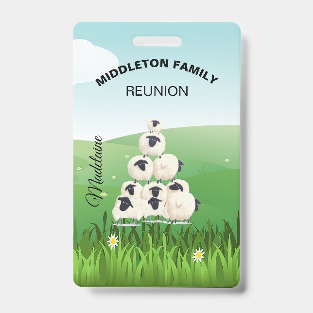 Family Reunion Gathering Fun Sheep Black White ID Badge (Front)