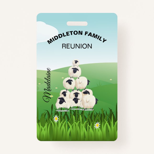 Family Reunion Gathering Fun Sheep Black White ID Badge (Front)