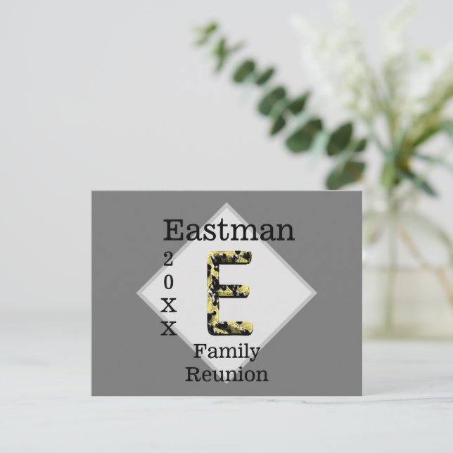 Family Reunion Gold Black Monogram E Invitation Postcard (Standing Front)