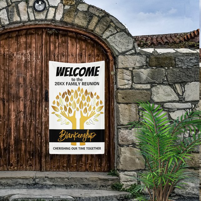Family Reunion Golden Hands Tree Leaves Custom  Banner (Welcome family with a modern tree art on white with black text vertical format reunion banner.
)