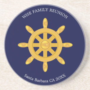 Family Reunion & Golden Ship Wheel on Navy Blue  Coaster