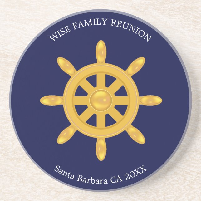 Family Reunion & Golden Ship Wheel on Navy Blue  Coaster (Front)