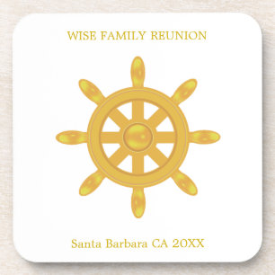 Family Reunion & Golden Ship Wheel on White Coaster