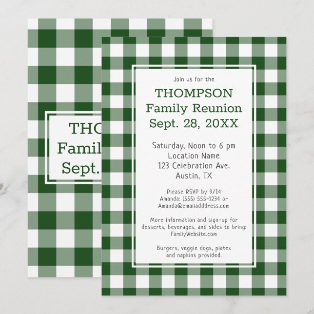 Family Reunion Green White Buffalo Check Party Invitation (Front/Back)