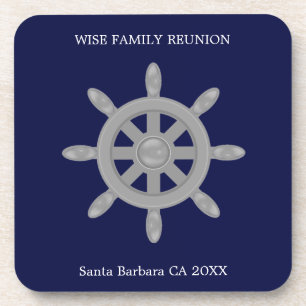 Family Reunion & Grey Ship Wheel on Navy Blue Coaster