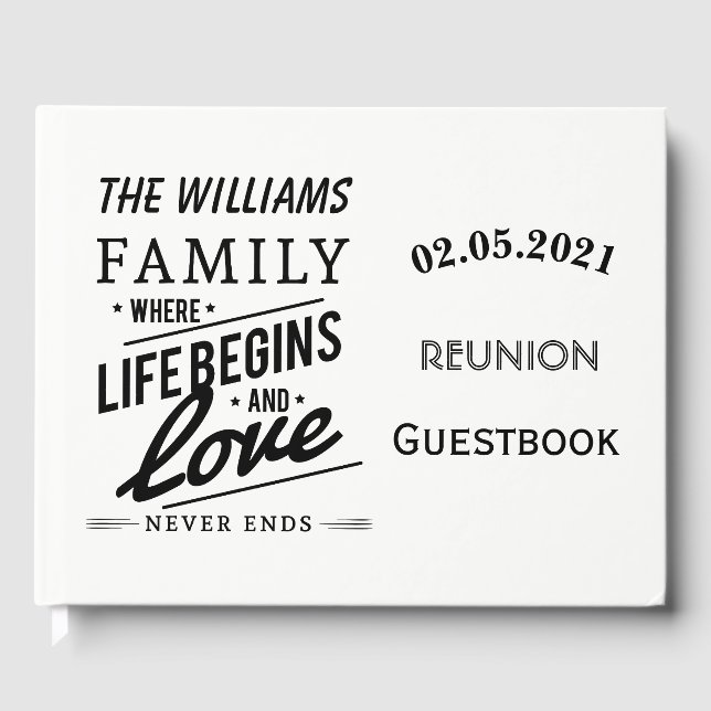 Family Reunion Guestbook Typography Black White (Front)