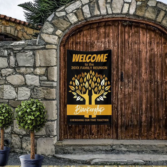 Family Reunion Hands Tree Leaves Custom  Banner (Greet family with hands holding leaves with gold text vertical format welcome reunion banner.
)