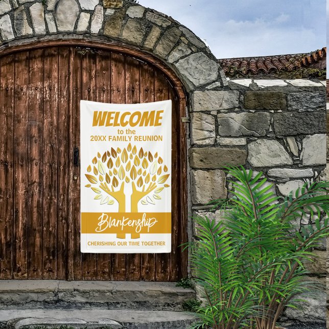 Family Reunion Hands Tree Leaves on White Custom  Banner (Greet family with hands holding leaves on white with gold text vertical reunion welcome banner.
)