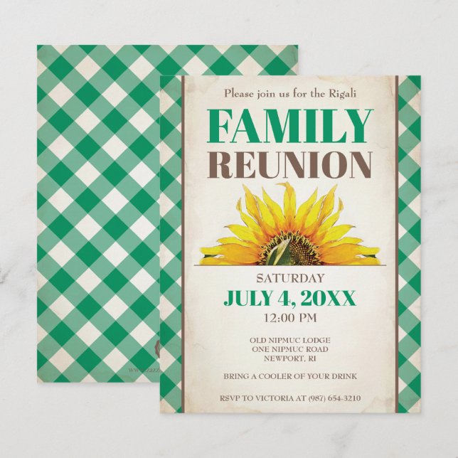 Family Reunion Invite, Sunflower, Green Invitation (Front/Back)