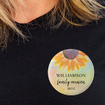 Family Reunion Keepsake  6 Cm Round Badge<br><div class="desc">This sunflower family reunion button makes a lovely souvenir for your family get-together. It is decorated with a watercolor sunflower on a colourful background. Easily customisable. Use the Customise Further option to change the text size, style, or colour. Because we create our own artwork you won't find this exact image...</div>