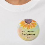 Family Reunion Keepsake  6 Cm Round Badge<br><div class="desc">This sunflower family reunion button makes a lovely souvenir for your family get-together. It is decorated with a watercolor sunflower on a colourful background. Easily customisable. Use the Customise Further option to change the text size, style, or colour. Because we create our own artwork you won't find this exact image...</div>