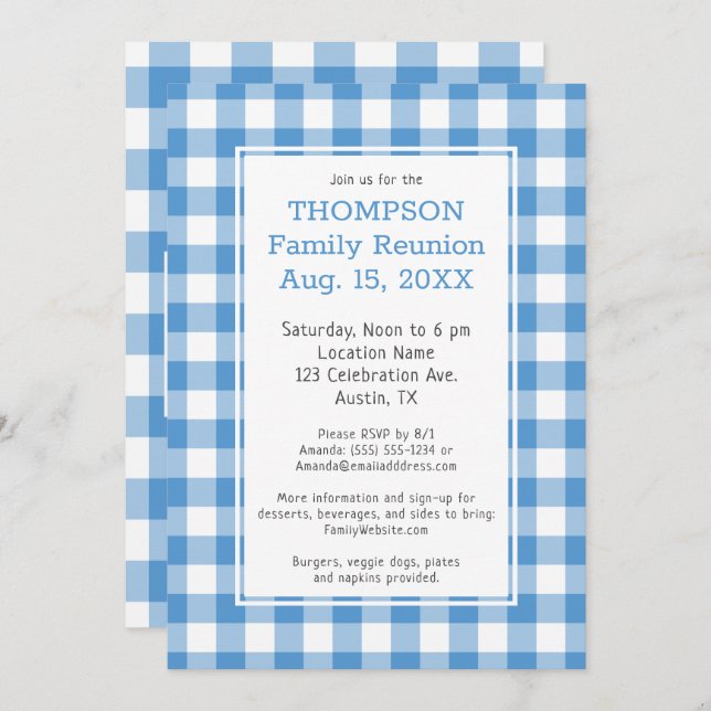 Family Reunion Light Blue Buffalo Check Party Invitation (Front/Back)