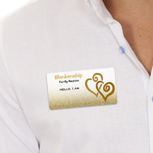 Family Reunion Linked Hearts Gold Glitter Name Tag