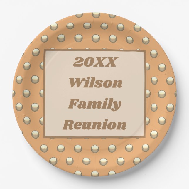 Family Reunion Meal Picnic Gold Peach Polka Dots Paper Plate (Front)