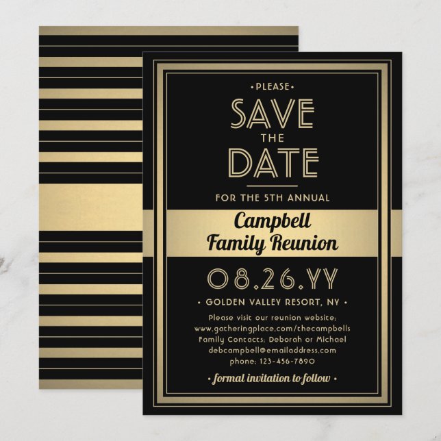 Family Reunion Modern Elegant Black and Gold Party Save The Date (Front/Back)