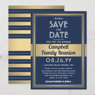 Family Reunion Modern Elegant Navy Blue Gold White Save The Date