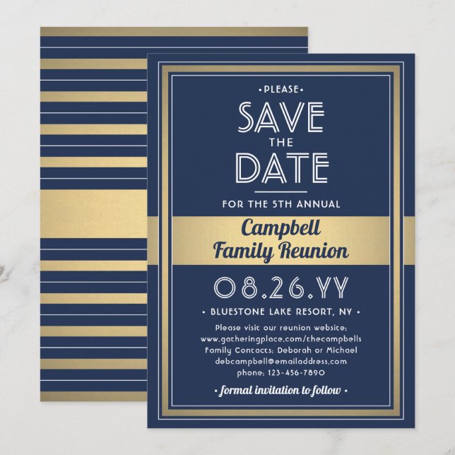 Family Reunion Modern Elegant Navy Blue Gold White Save The Date (Front/Back)