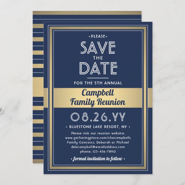 Family Reunion Modern Elegant Navy Blue Gold White Save The Date (Front/Back)