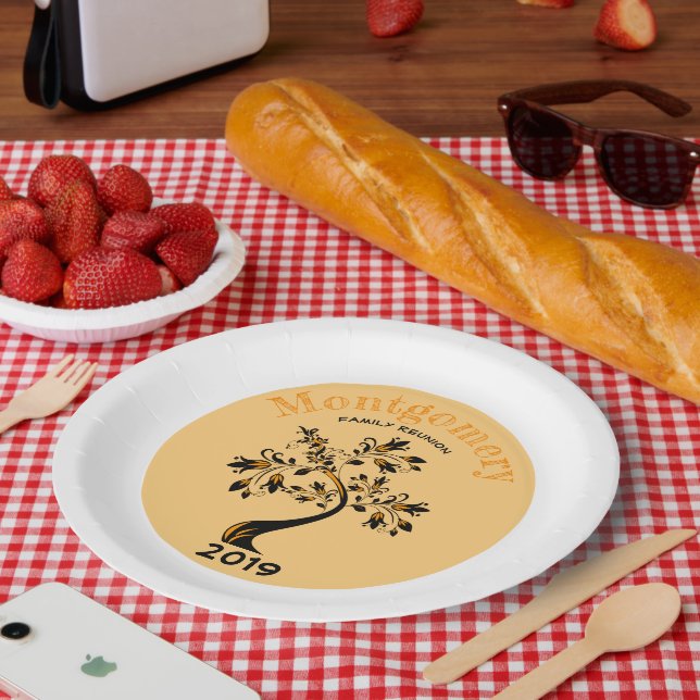 Family Reunion Modern Orange and Black Floral Tree Paper Plate (Picnic)
