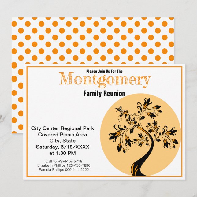Family Reunion Modern Orange and Black Tree Art Invitation (Front/Back)